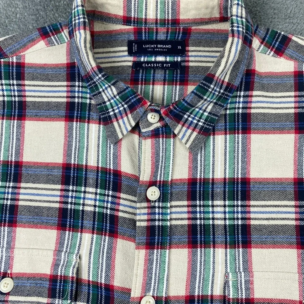 Lucky Brand Mens XL Shirt Cream Red Green Plaid Classic Fit Flannel Button Down